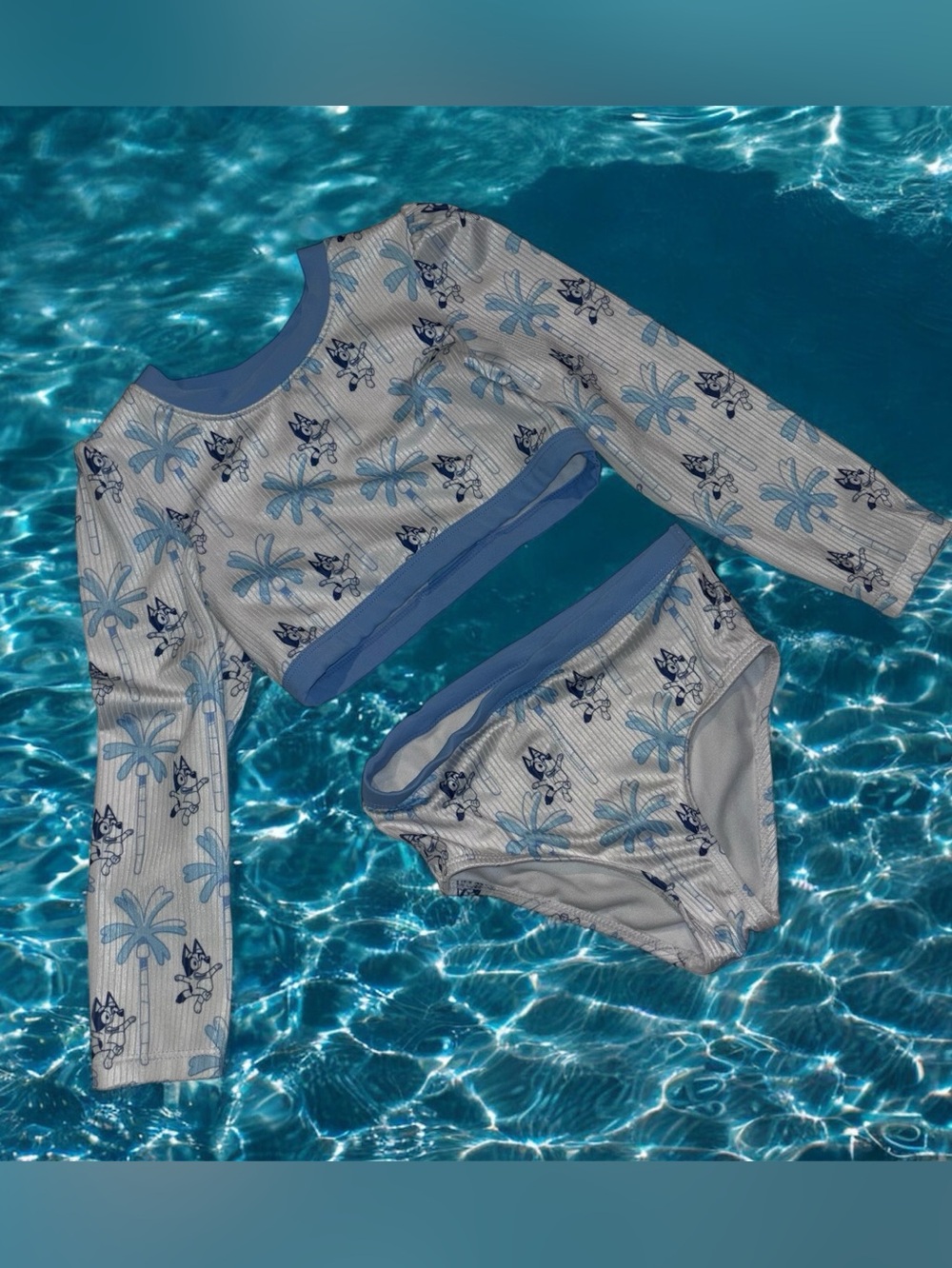 Bluey Long-Sleeve Kids Bikini Set in white & Blue Palm Print Toddler Girls 5T